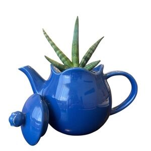 Vintage Teapot-Style Planter | Glossy Blue Ceramic | Mid-Century Modern Decor